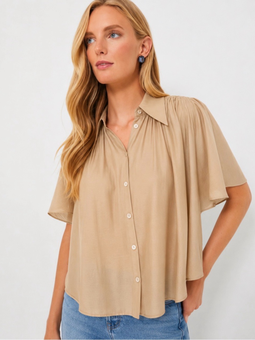 Tuckernuck Pomander Place Clemens Blouse XXL Beige Short Sleeve Flowy Top Preppy
